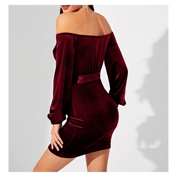 Burgundy Off Shoulder Bodycon Velvet Party Dress - Picture 2 of 5